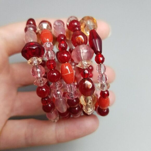 Vintage Red and Pink Memory Wire Coiled Bangle Bracelet, Wide Chunky Estate - Picture 4 of 7